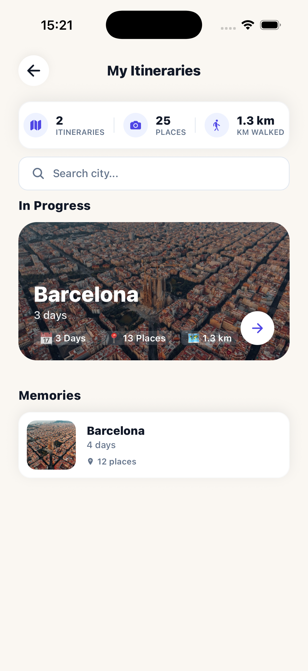App screenshot — travel lifecycle
